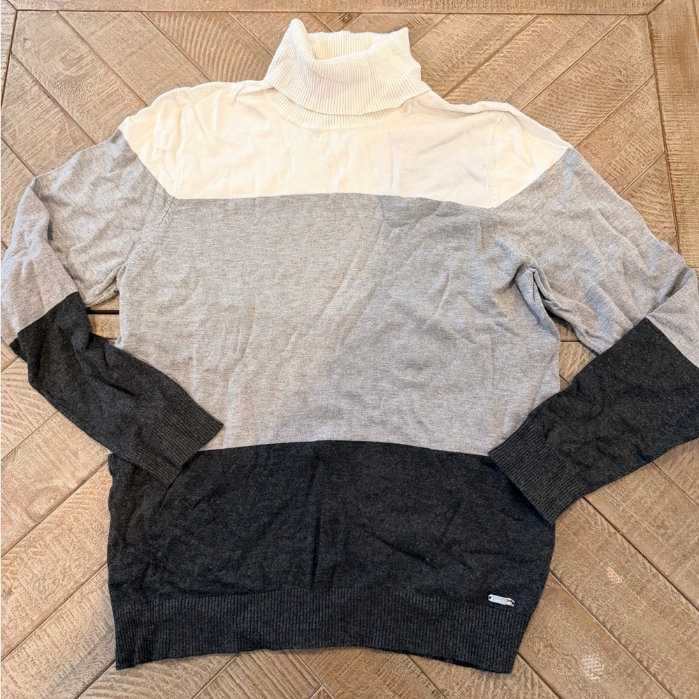 Calvin Klein Women's Color Block Turtleneck Sweater in Cream, Gray, and Black